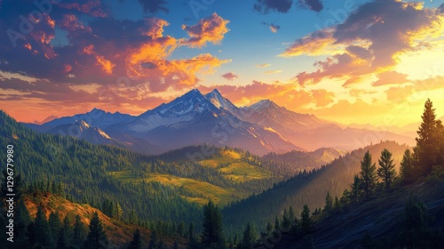 Majestic flat topped mountain at sunset surrounded by lush hills and evergreen forests