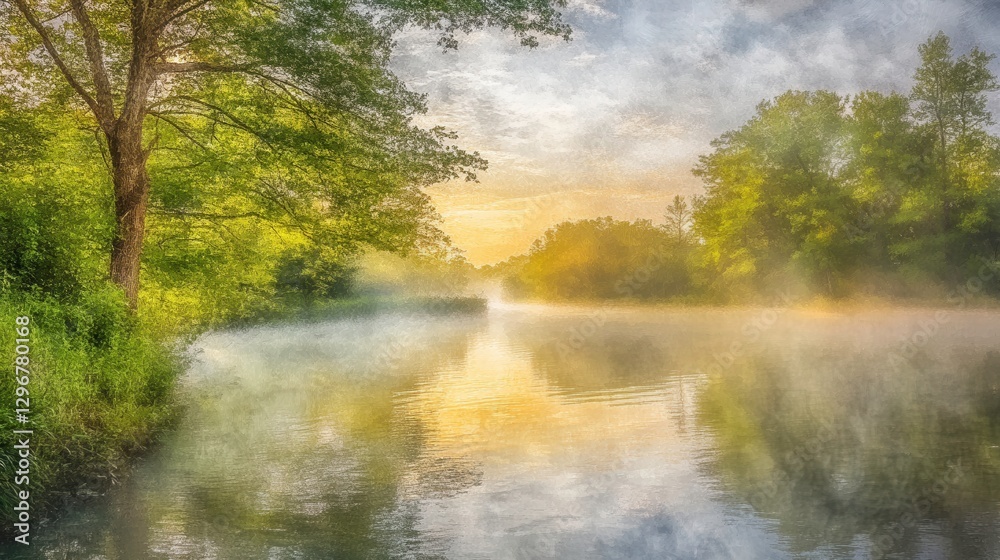 Fototapeta premium Tranquil Dawn at the Lakeside with Misty Waters