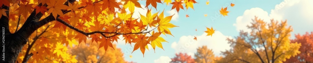 Golden leaves falling from yellow maple tree branches, maple, sky, trees Golden leaves falling from yellow maple tree branches, maple, sky, trees