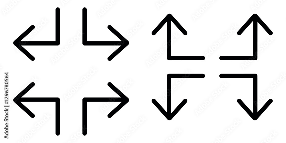Corner arrows icons vector, right, left, up, down arrows icon vector set in trendy flat style illustration isolated on white background. Corner arrows icons vector, right, left, up, down arrows icon vector set in trendy flat style illustration isolated on white background.