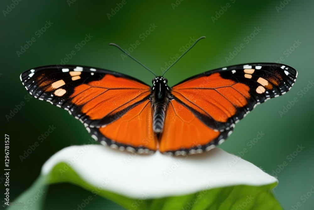 Vibrant orange butterfly rests gracefully on delicate white flow Vibrant orange butterfly rests gracefully on delicate white flow