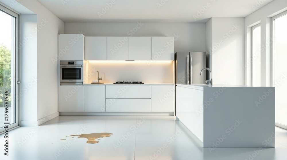 Fototapeta premium Modern Kitchen with Spilled Liquid on Gleaming Floor A Clean Minimalist Design with Unexpected Mess