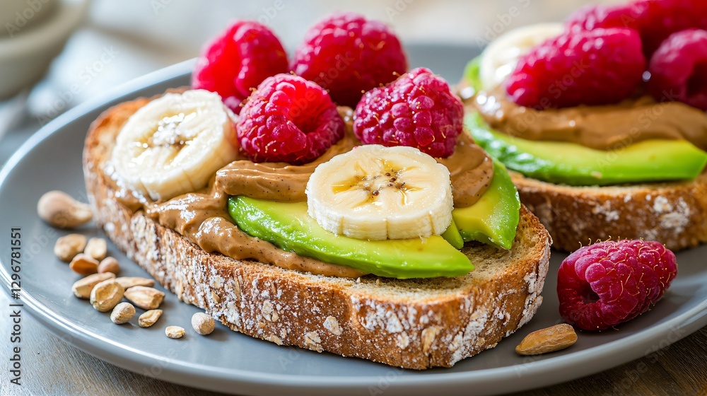 Delicious Healthy Breakfast Toast with Avocado, Banana, Raspberry, and Almond Butter on Whole Grain Bread Delicious Healthy Breakfast Toast with Avocado, Banana, Raspberry, and Almond Butter on Whole Grain Bread