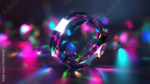 shimmering crystal ring on a reflective surface glowing with prismatic lights and futuristic vibe copyspace concept of jewelry, marketing, design