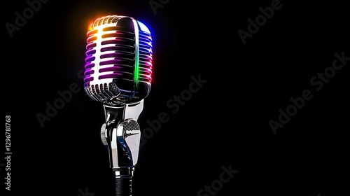 Vintage style microphone with colorful neon lighting effects on black background, chrome metal details create dramatic contrast for music and entertainment designs.