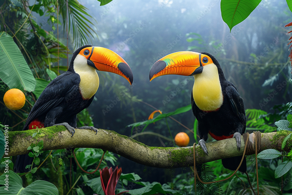 Naklejka premium Two vibrant toucans perched on a sturdy tree branch in the heart of a lush rainforest jungle