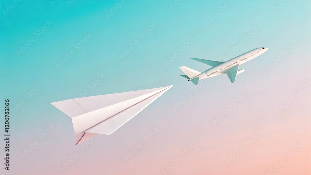 Obraz premium White paper airplane soaring alongside a commercial airplane against a pastel sky, representing dreams and aspirations