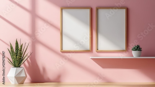 Wooden Picture Frame and Geometric Pot on Light Pink Wall