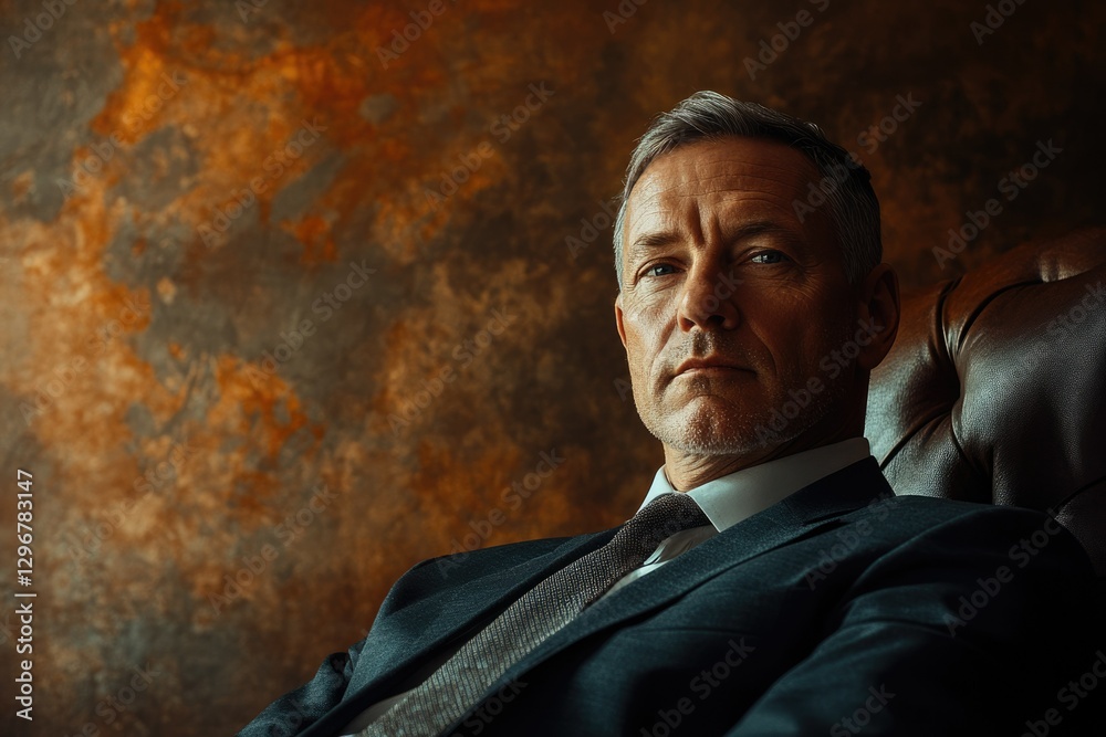 Fototapeta premium A mature, confident man in a suit sits in a leather chair against a textured background.