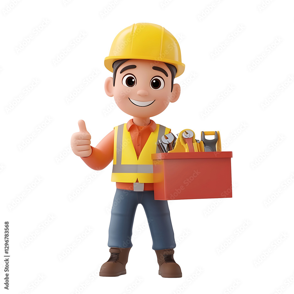 Handy Helper: Smiling cartoon builder, with a tool box, gives a thumbs-up and embodies reliability, expertise, and a helping hand Handy Helper: Smiling cartoon builder, with a tool box, gives a thumbs-up and embodies reliability, expertise, and a helping hand