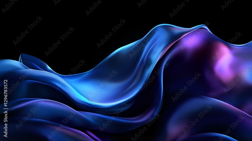 Obraz premium Flowing abstract waves in vibrant blue and purple colors create dynamic motion against black background, featuring smooth curves and glossy reflective surfaces.