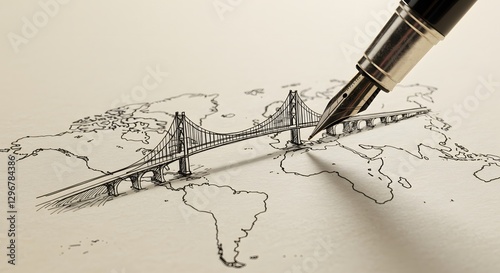 A fountain pen drawing a bridge connecting two continents. Entrepreneurship and Innovation