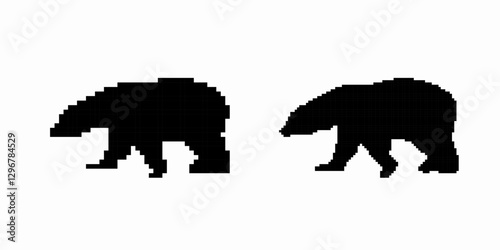 Two polar bear silhouettes depicted in pixel art style, showcasing a bold black and white design.