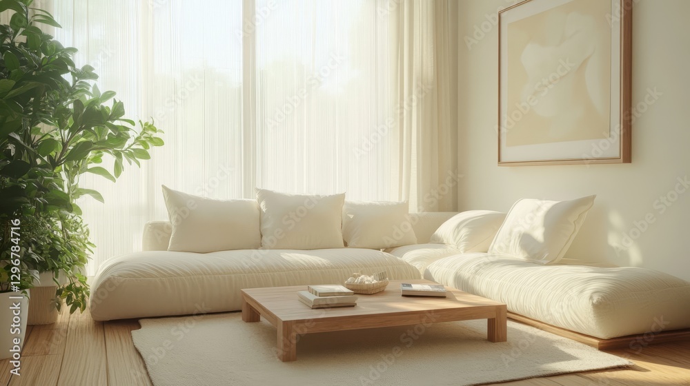 Fototapeta premium A serene minimalist living room with soft natural light and elegant neutral tones