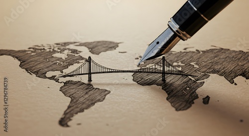 A fountain pen drawing a bridge connecting two continents. Entrepreneurship and Innovation