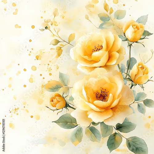Yellow Roses Watercolor Floral Background