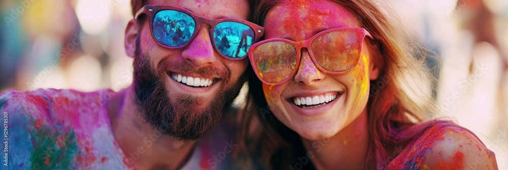 Obraz premium Happy couple enjoying holi festival, covered in colored powder and wearing sunglasses 