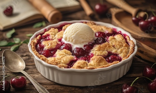 Cherry crumble dessert with ice cream, rustic kitchen setting, baking ingredients photo