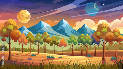 beautiful panoramic landscape in august. row of beech trees on the meadow in weathered grass. mountain range in the distance with sun and moon on the sky. day and night time change concept