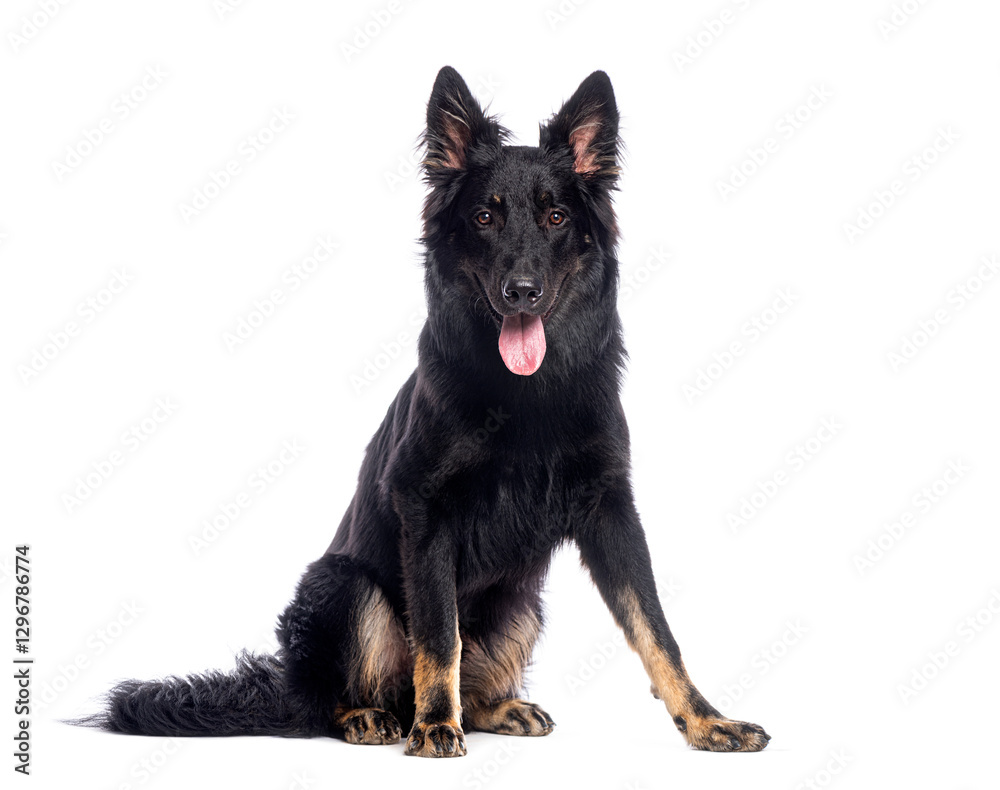 Bohemian shepherd dog sitting and panting on white background Bohemian shepherd dog sitting and panting on white background