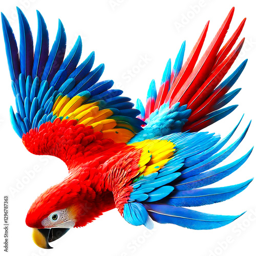 Scarlet macaw bird flying on white background with clipping path