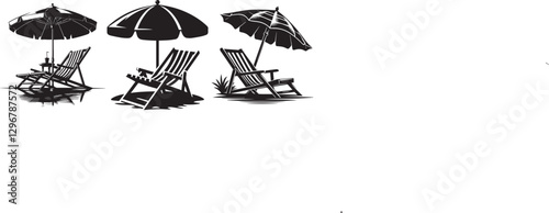 set of deck chair and umbrella silhouette vector illustration.
