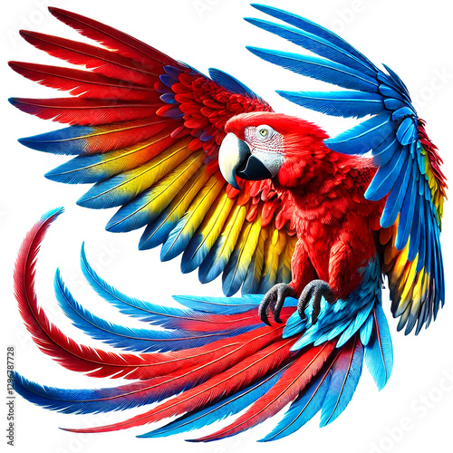 Scarlet macaw bird flying on white background with clipping path