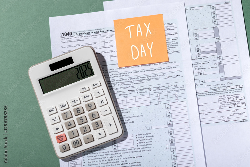 Inscription Tax day on orange sticker and white calculator on individual income tax return form 1040 Inscription Tax day on orange sticker and white calculator on individual income tax return form 1040