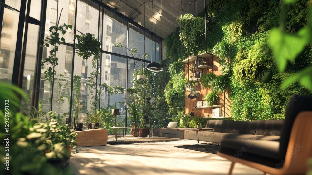 Obraz premium Sunlit Modern Apartment with Lush Indoor Greenery and City View