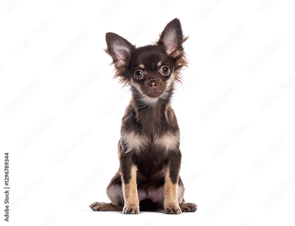 Chocolate chihuahua puppy sitting and looking curious on white background Chocolate chihuahua puppy sitting and looking curious on white background