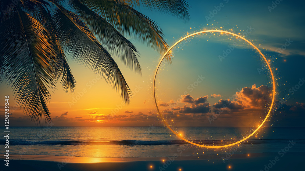 Naklejka premium Golden circle frame decorated with shining golden lights isolated summer concept sunset sea, beach and palm tree background. Summer, Spring concept background video. Copy paste area