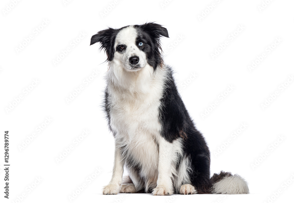 Border collie dog sitting and showing its heterochromia, white background Border collie dog sitting and showing its heterochromia, white background
