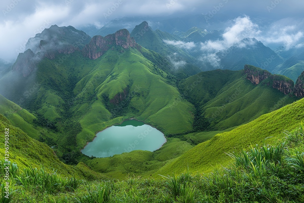 Fototapeta premium Breathtaking View of Lush Green Mountains and Serene Blue Lake