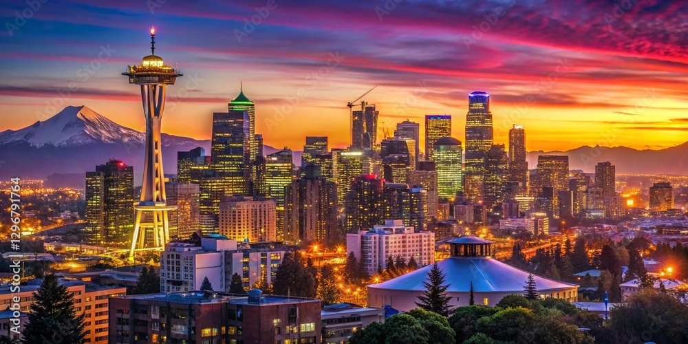 Obraz premium Seattle Skyline Night Aerial Photography: Vibrant Sunset, Neon Lights, Mountain Views