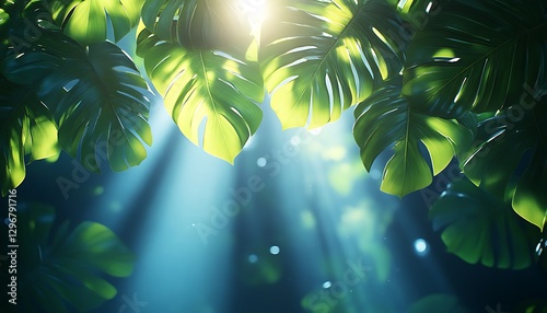 Fototapeta Naklejka Na Ścianę i Meble -  Tropical leaves sunlit jungle background