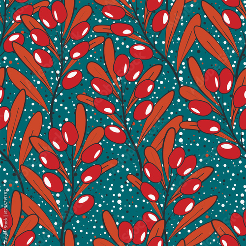 Seamless pattern with sea buckthorn. Natural fresh ripe tasty berries. Vector illustration for background, packaging, textile, fabric and various other designs.