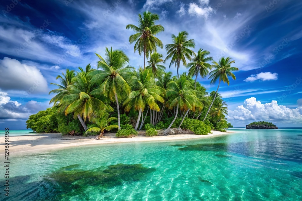 Obraz premium Secluded Tropical Island Paradise: Turquoise Waters, White Sand Beach, Palm Trees