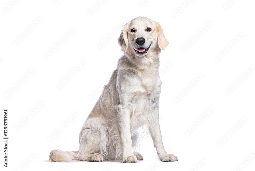 Golden retriever sitting and panting on white background Golden retriever sitting and panting on white background