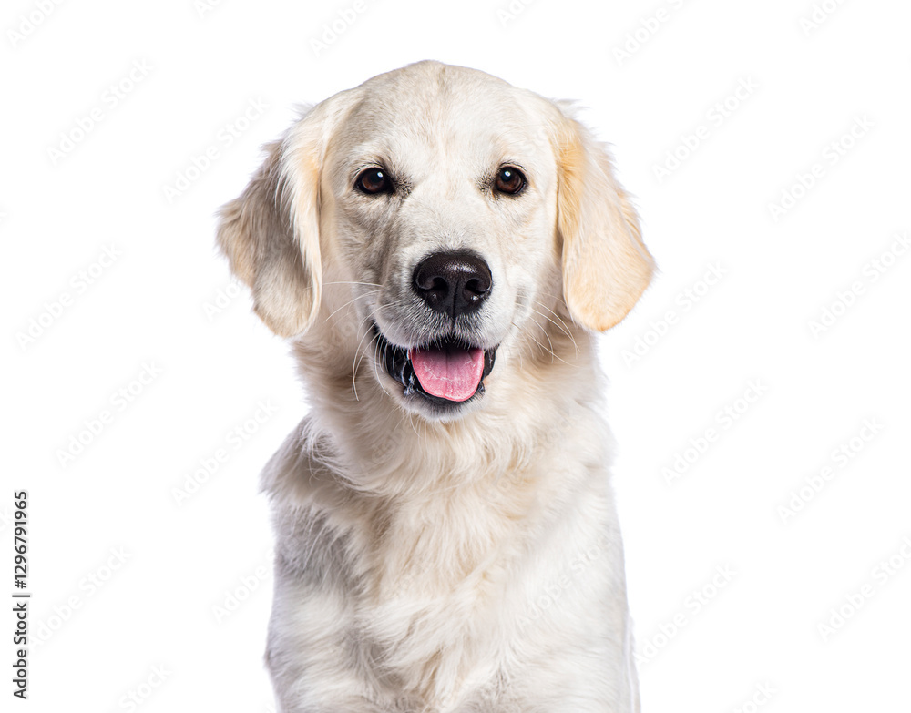 Golden retriever panting and smiling on white background Golden retriever panting and smiling on white background