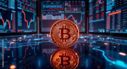 Glowing bitcoin coin in front of digital stock market charts. The concept is cryptocurrency, blockchain, digital finance, and investment.  photo