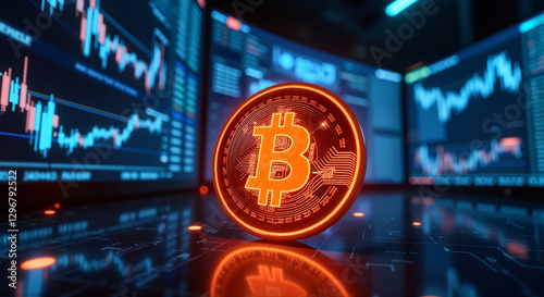 Glowing bitcoin coin in front of digital stock market charts. The concept is cryptocurrency, blockchain, digital finance, and investment.  photo
