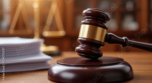 A judge's gavel resting on a wooden table with legal documents in a courtroom. The concept is law, justice, court, and decision-making.
