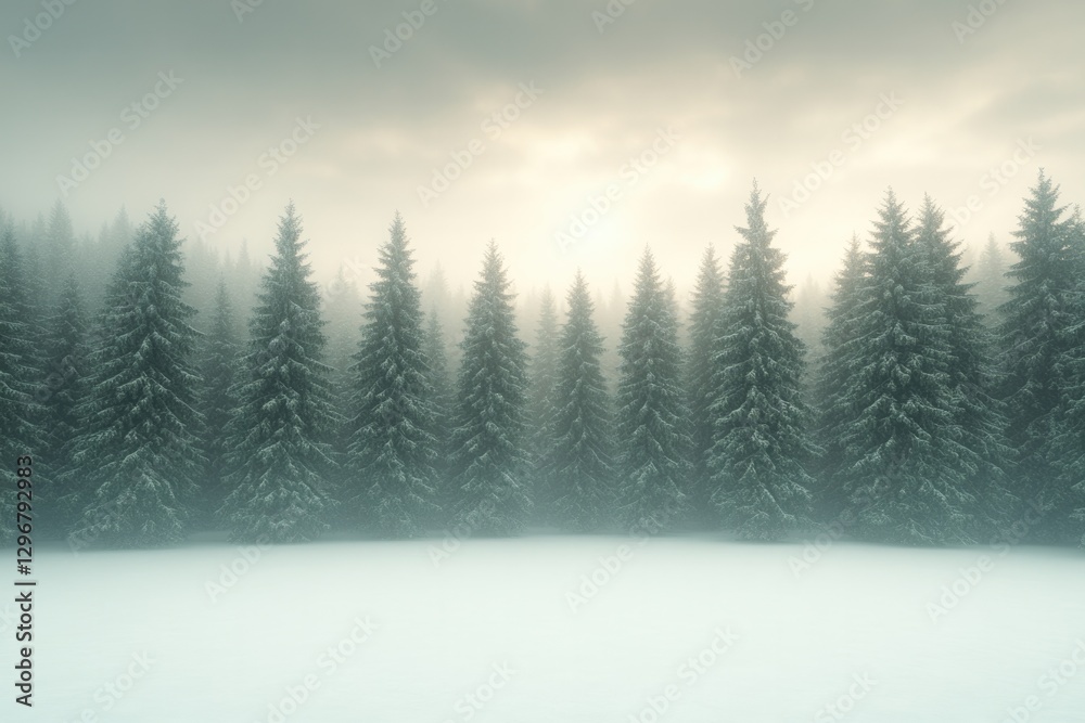 Fototapeta premium Misty forest landscape with snow-covered ground and towering eve