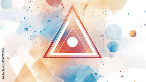The image presents an abstract composition featuring a prominent red triangle with a white circle at its center.  The triangle is outlined with a thinner, lighter red line, creating a double border