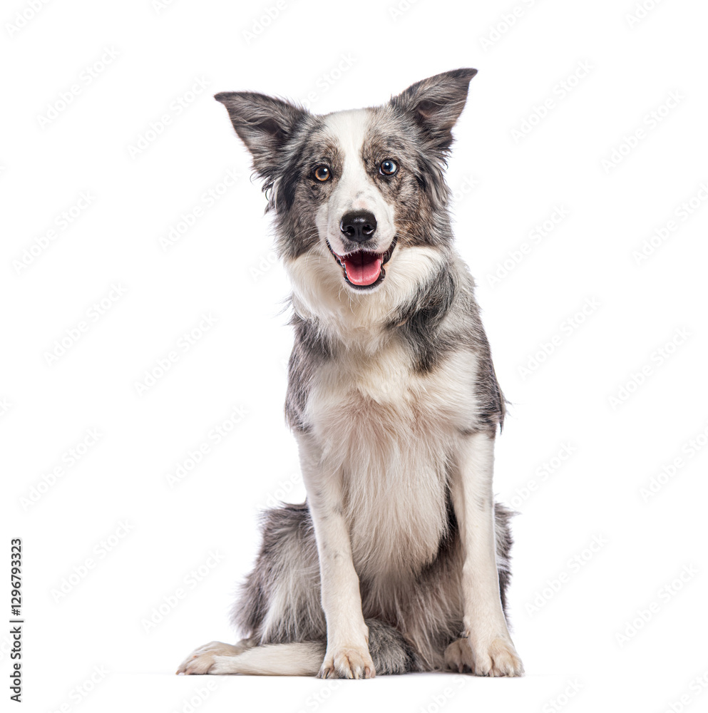 Fototapeta premium Border collie dog sitting and panting on white background
