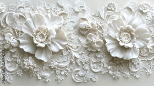 Ornate white floral wall decor, detailed carvings, light background, interior design