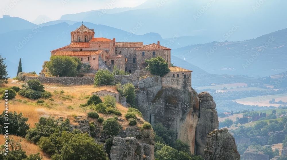 Obraz premium Majestic Monastery Perched on a Rocky Cliff with Stunning Mountain Landscape in the Background