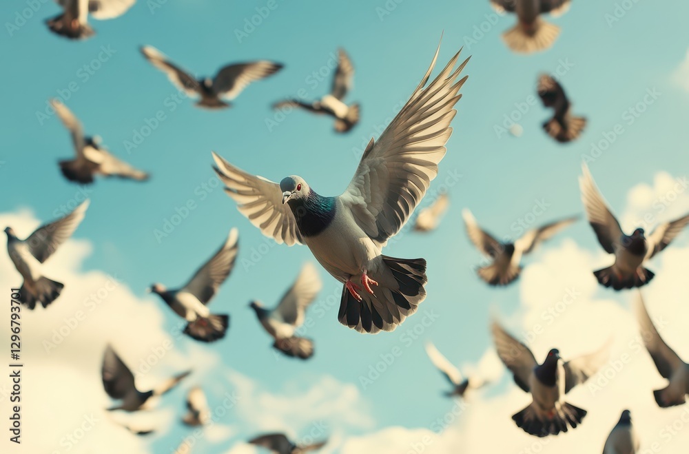 Obraz premium Flock of Birds Scattering in a Bright Blue Sky with Clouds and Pigeon Flying in Focus in the Foreground During Daytime in Natural Setting