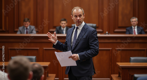 Lawyer making a speech in a courtroom during a trial. The concept is law, justice, courtroom proceedings, and legal defense.