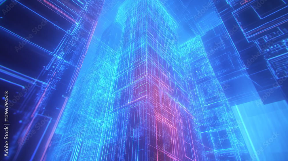 Abstract digital city with neon glowing lines forming complex grid structures. The image represents the concept of futuristic technology, data visualization, and digital transformation. Abstract digital city with neon glowing lines forming complex grid structures. The image represents the concept of futuristic technology, data visualization, and digital transformation.